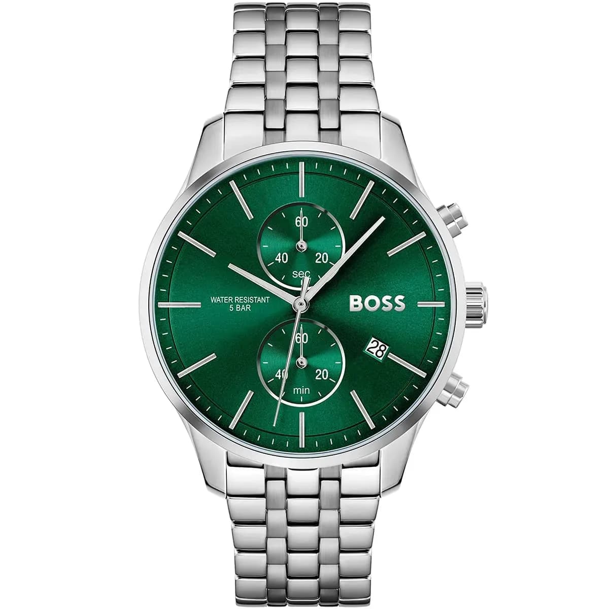 Front view showing the green dial and silver strap