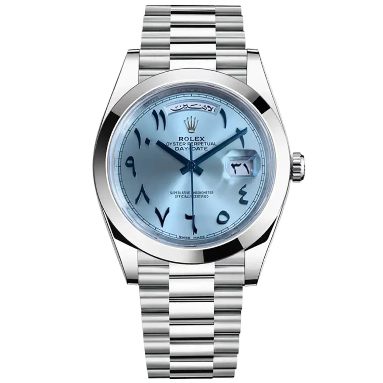 Rolex Day-Date – Light Blue Arabic Dial Front View