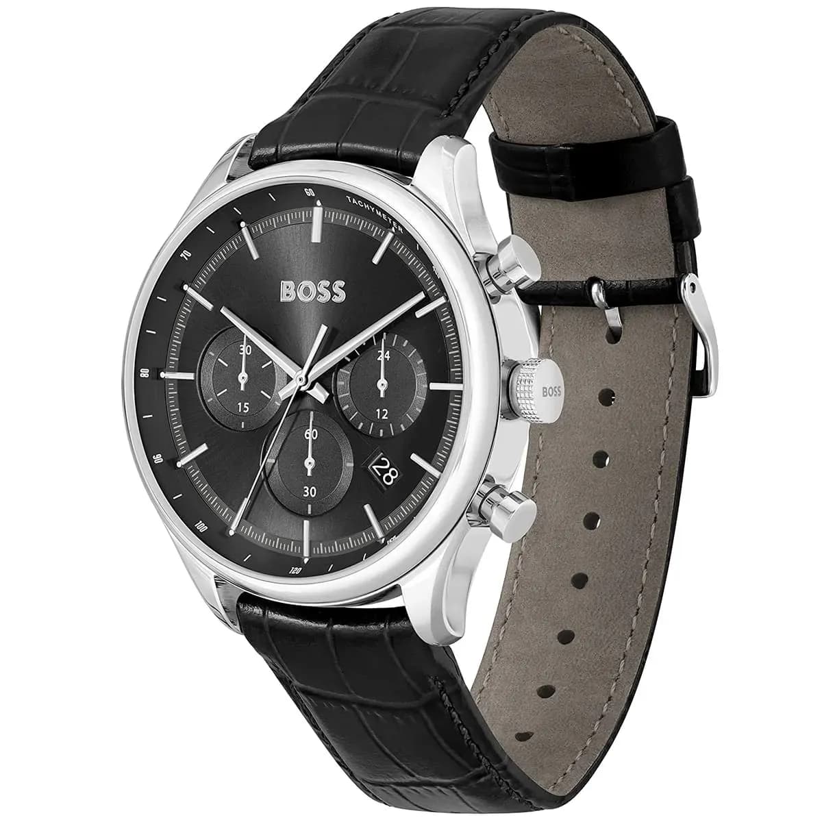 Side view showing the crown and chronograph buttons